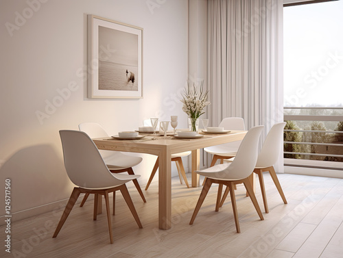 Bright Minimalist Dining Room with Wooden Table and White Chairs
