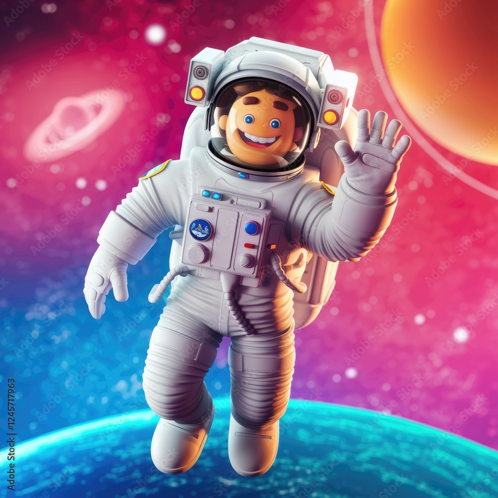 Fototapeta premium A cheerful cartoon astronaut floats in space, waving amidst planets and stars.