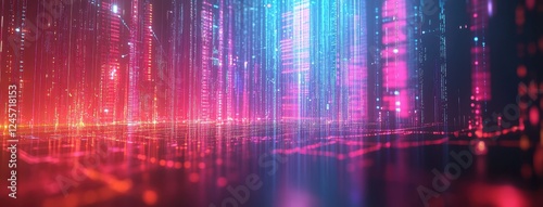 Abstract futuristic digital landscape with glowing lines and particles representing data flow and technology trends in blue, pink, and purple hues