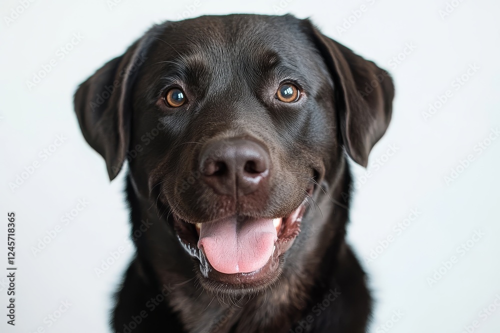 Labrador Retriever sitting with its tongue out, smiling and looking at the camera, full-body shot against a white background. Labrador Retriever sitting with its tongue out, smiling and looking at the camera, full-body shot against a white background.