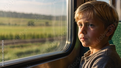 Contemplative moments of a young boy gazing out the train window at the lush landscape during a tranquil journey through the countryside
