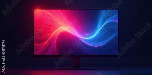 Sleek glowing monitor, sharp angles, dark background, monitor, isometric