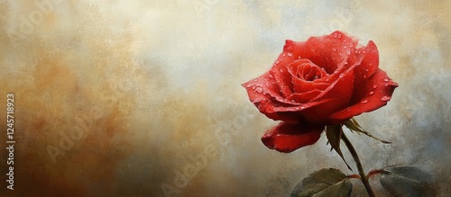 Lone red rose with dew-covered petals and slight wilting positioned on the left against a softly blurred warm-toned backdrop.