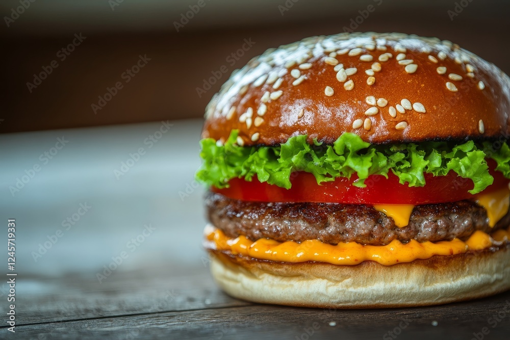 Juicy cheeseburger on rustic wood, restaurant setting Juicy cheeseburger on rustic wood, restaurant setting