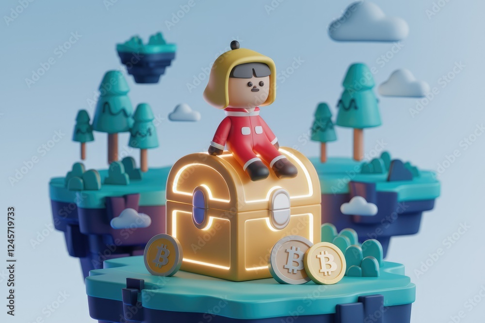 A 3D rendered cartoon character sits atop a glowing treasure chest filled with Bitcoin, in a whimsical landscape. A 3D rendered cartoon character sits atop a glowing treasure chest filled with Bitcoin, in a whimsical landscape.