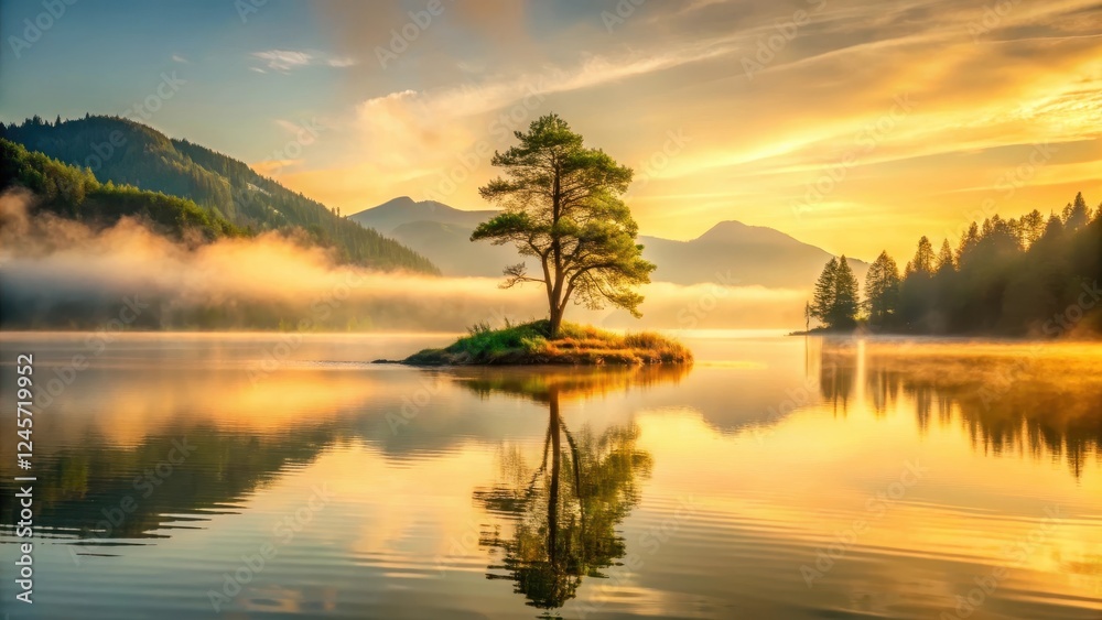 Fototapeta premium Serene Sunrise Over a Misty Lake with Solitary Island Tree