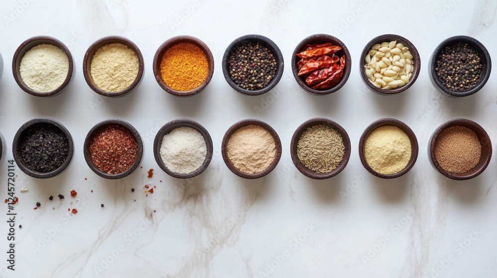 A wide variety of global spices, like chili flakes, garlic powder, and fenugreek, arranged in bowls and scattered on a white surface A wide variety of global spices, like chili flakes, garlic powder, and fenugreek, arranged in bowls and scattered on a white surface