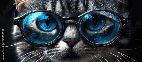 Determined cat with striking big blue glasses showcasing captivating bright blue eyes against a dark background for an intriguing charm photo