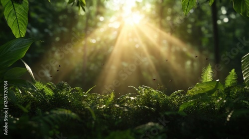 This tranquil scene depicts sunlight filtering through a lush forest, casting rays on the ferns, creating an enchanting atmosphere that evokes wonder and connection with nature.