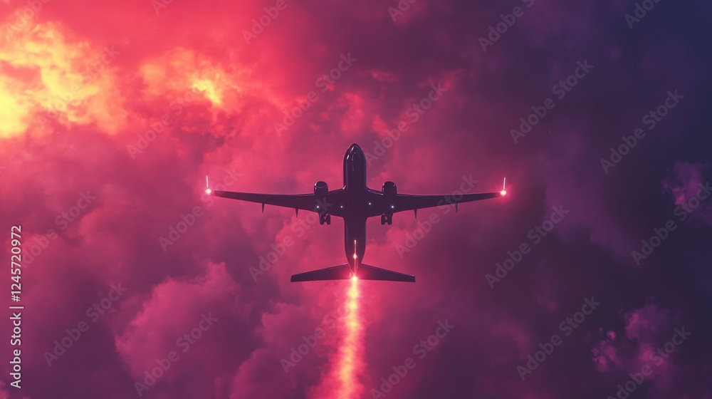 A Dramatic Sunset Sky with an Airplane Silhouette Gliding Through Vibrant Pink and Purple Clouds, Capturing the Essence of Travel and Adventure in an Enchanting Landscape A Dramatic Sunset Sky with an Airplane Silhouette Gliding Through Vibrant Pink and Purple Clouds, Capturing the Essence of Travel and Adventure in an Enchanting Landscape