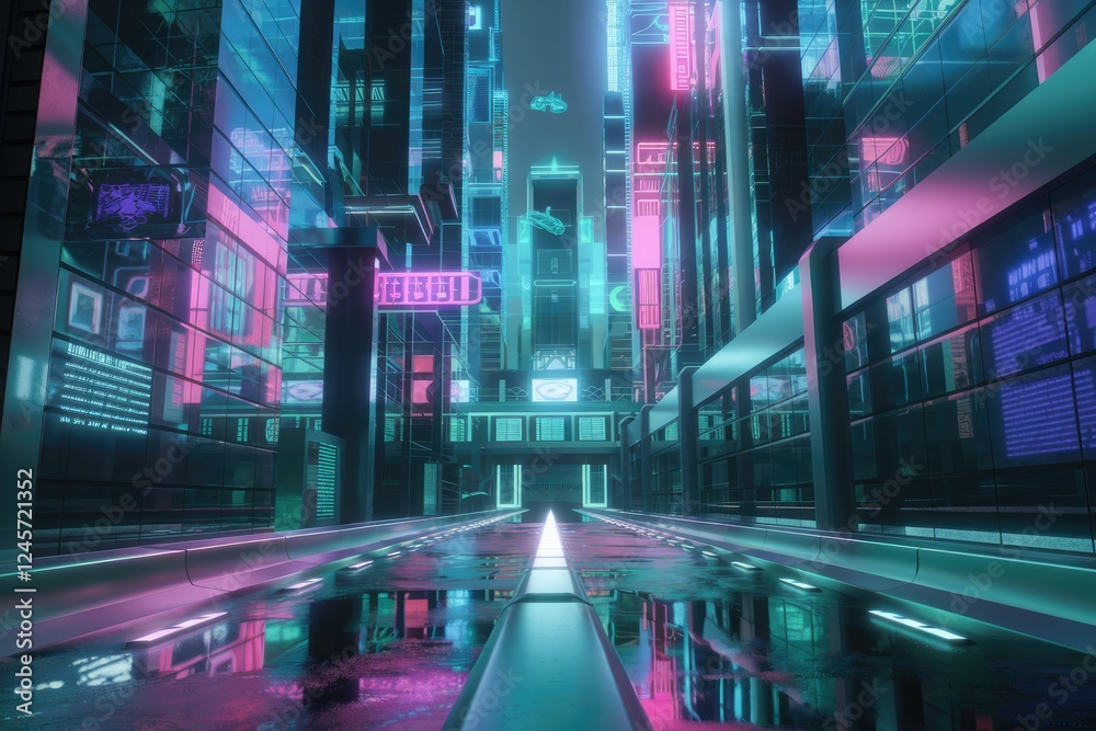 A futuristic city street at night, neon lights reflecting on a wet road, showcasing advanced technology and cyberpunk aesthetics. A futuristic city street at night, neon lights reflecting on a wet road, showcasing advanced technology and cyberpunk aesthetics.