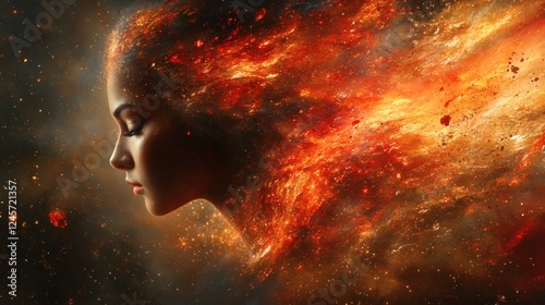 Dynamic abstract the profile of a woman emerges from a whirlwind of red gemstones and golden cosmic textures Deep shadows create contrast enhancing the sense of beauty and transformation