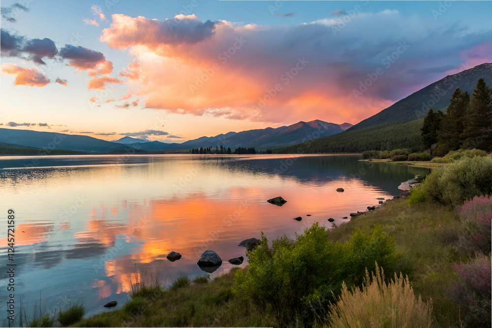 Fototapeta premium A serene lake at sunset reflecting colorful clouds and mountains, surrounded by lush greenery and rocky shoreline.