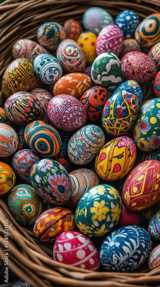 Vibrant collection of colorful Easter eggs in a woven basket for holiday celebration Vibrant collection of colorful Easter eggs in a woven basket for holiday celebration