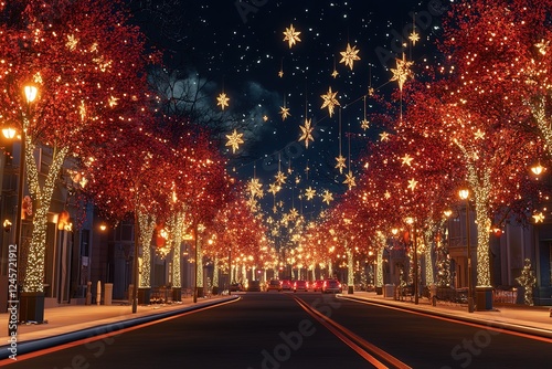 Autumnal Cityscape: Red Maple Trees Line a Charming Street, Evoking a Sense of Tranquil Urban Beauty. Perfect for fall-themed designs, travel brochures, city guides, and more. The vibrant foliage     
