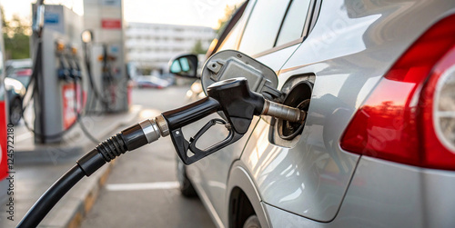 Gas station, fuel pump nozzle, car refueling, silver vehicle, gas pump handle, urban setting, automotive, energy consumption, petroleum industry, daily life, close-up, transportation, city background