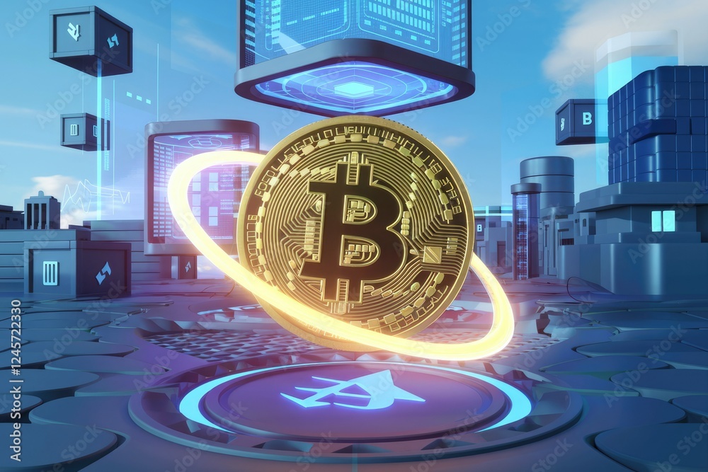 Fototapeta premium Bitcoin cryptocurrency in futuristic cityscape, showcasing blockchain technology and digital finance.