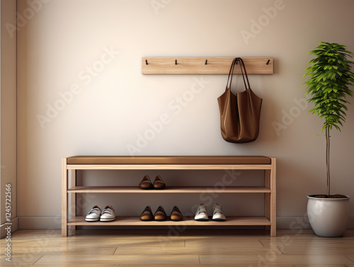 Organized entryway with shoe rack bench, coat hooks and potted plant