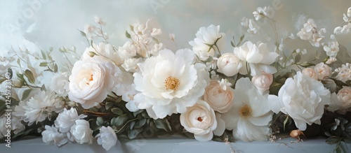 Delicate white floral arrangement featuring soft pink and cream blooms arranged elegantly with gentle blurred background creating a serene ambiance