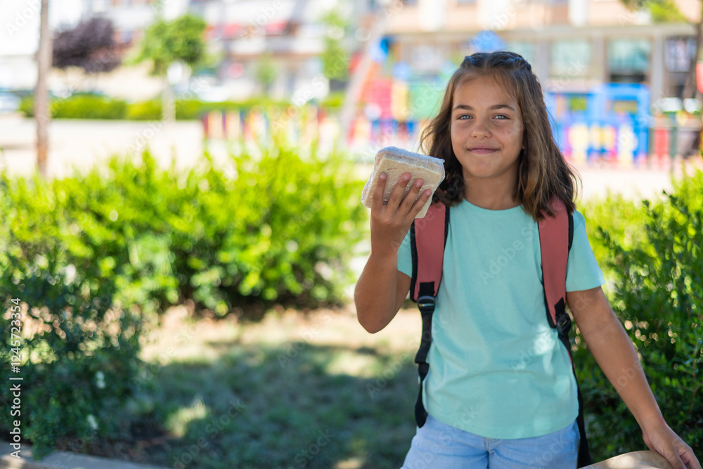 Young girl with a backpack holding a sandwich, smiling in a park setting. Bright summer day, suggesting a break during back-to-school activities. Lush greenery and playground in the background Young girl with a backpack holding a sandwich, smiling in a park setting. Bright summer day, suggesting a break during back-to-school activities. Lush greenery and playground in the background