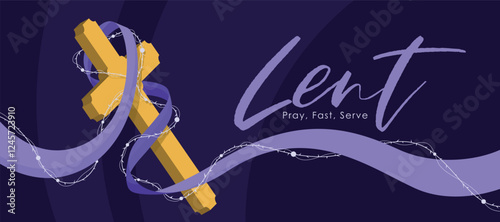LENT pray,fast,serve - Purple long cloth hung and line thorns roll around gold cross crucifix on dark purple background vector design