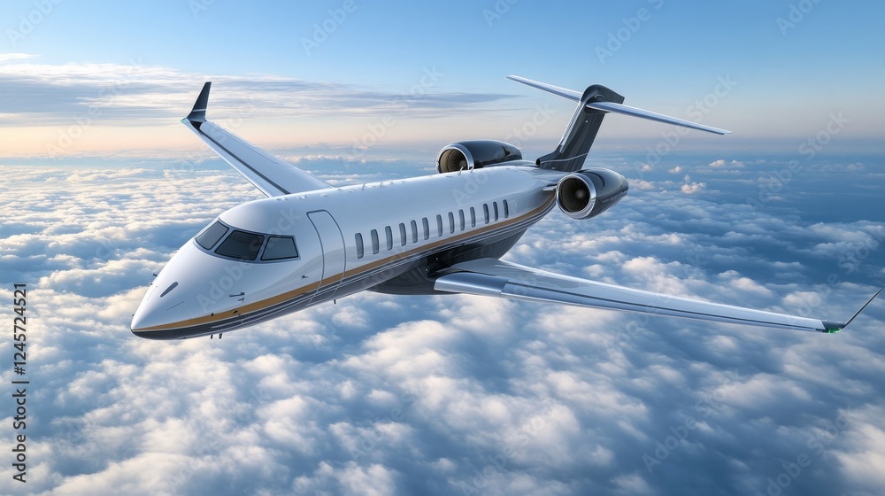 Obraz premium Business jet flying above fluffy clouds under a beautiful pastel sky, symbolizing luxury travel and modern aerospace technology for elite travelers in the airspace