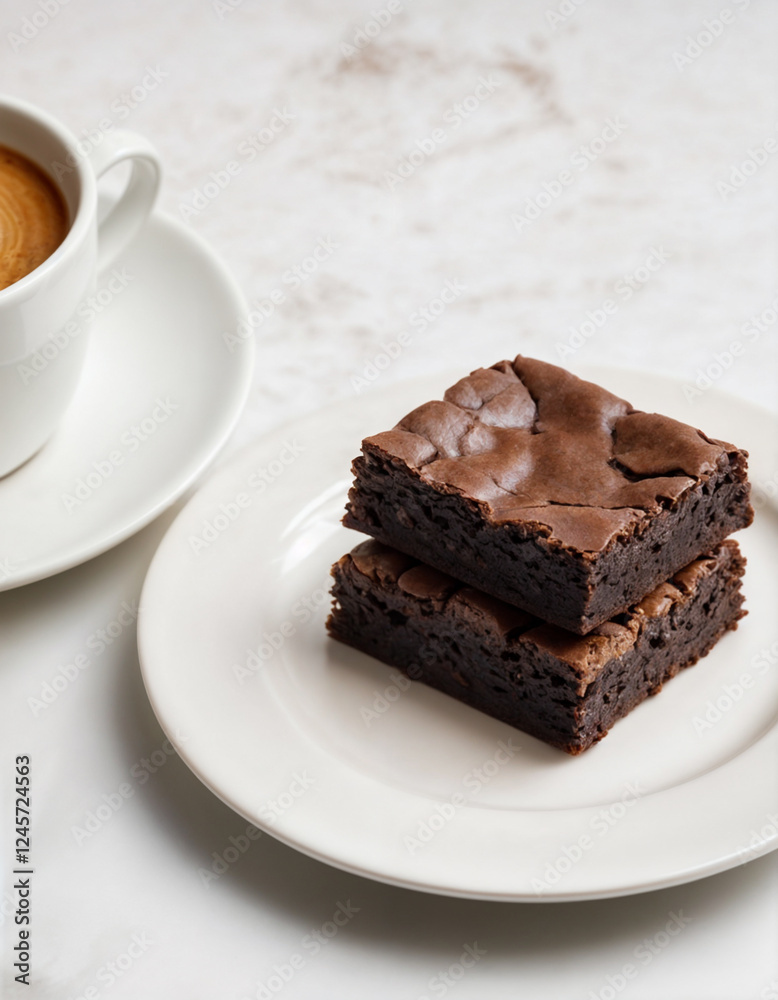 Rich, fudgy chocolate brownies with a crisp top, served on a white plate for a delicious dessert treat Rich, fudgy chocolate brownies with a crisp top, served on a white plate for a delicious dessert treat