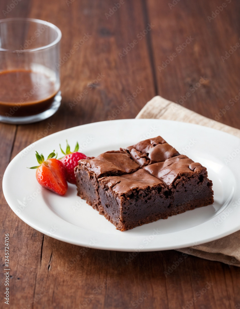 Rich, fudgy chocolate brownies with a crisp top, served on a white plate for a delicious dessert treat Rich, fudgy chocolate brownies with a crisp top, served on a white plate for a delicious dessert treat