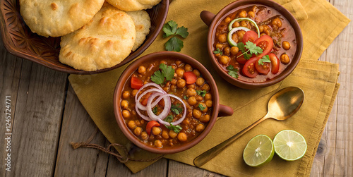 Indian cuisine, vibrant vegetable curry, wooden table, rustic bowls, naan bread, limes, colorful spices, aromatic dish, overhead view, food photography, warm lighting, textured background, golden