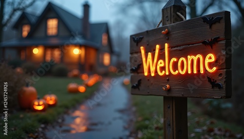 Neon Welcome Sign in Spooky Halloween Yard at Dusk, Halloween Decoration