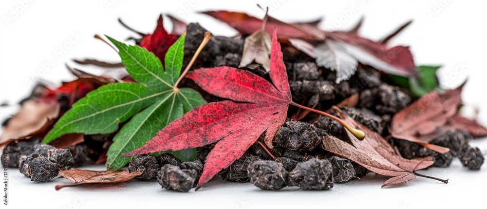 Autumnal Still Life Dried Mulberries with Colorful Maple Leaves Autumnal Still Life Dried Mulberries with Colorful Maple Leaves