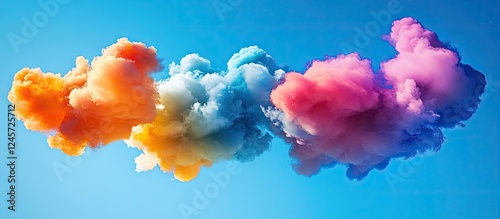 Colorful clouds in orange blue pink and yellow against a bright blue sky creating a vibrant and whimsical atmosphere with soft fluffy textures photo