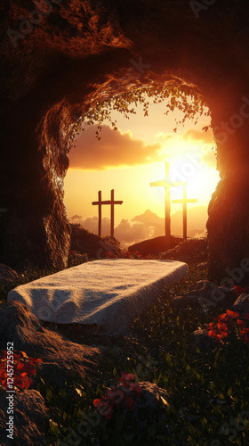 3D rendering of empty tomb with shroud and distant crosses at sunrise for Easter