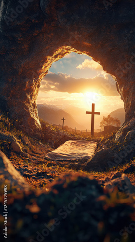 3D rendering of empty tomb with shroud and distant crosses at sunrise for Easter
