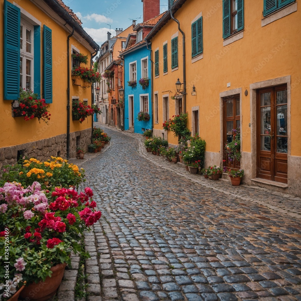 Fototapeta premium A charming cobblestone street in a small European town, lined with colorful buildings and flowers spilling from windows.