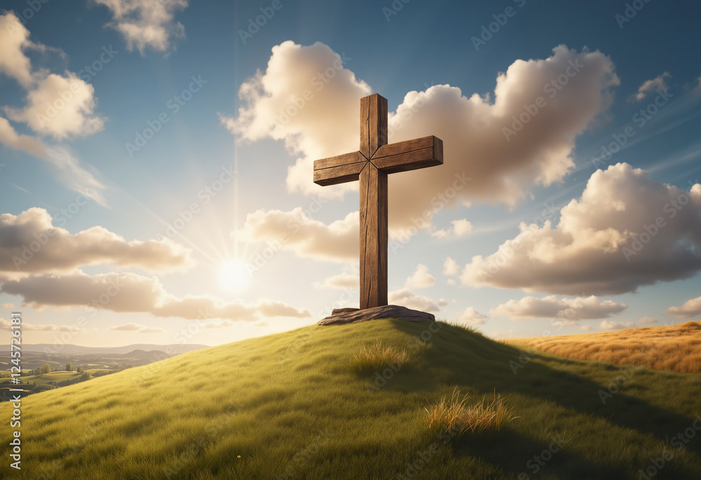Wooden cross on grassy hill under bright sky with sun rays Wooden cross on grassy hill under bright sky with sun rays