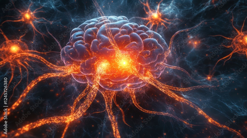 Stock illustration showing a digital brain with neural connections lighting up, representing cognitive processing in neuroscience. Stock illustration showing a digital brain with neural connections lighting up, representing cognitive processing in neuroscience.