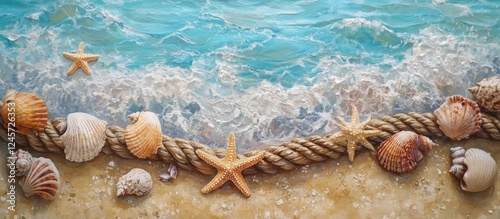 Tropical beach scene featuring seashells and starfish on a textured rope with soft waves lapping at a sandy shoreline under bright sunlight photo