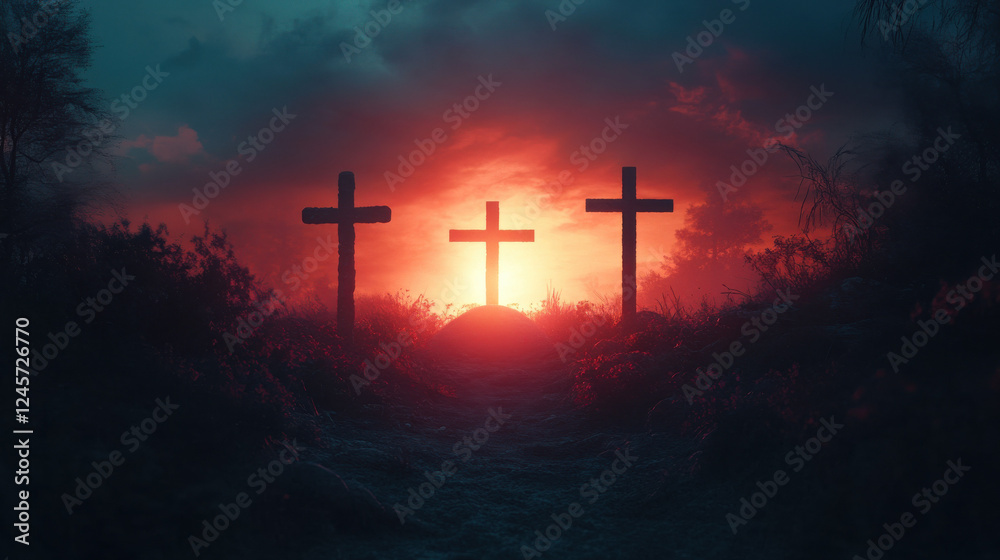 Religious concept of resurrection with empty tomb of Jesus and crosses for Easter