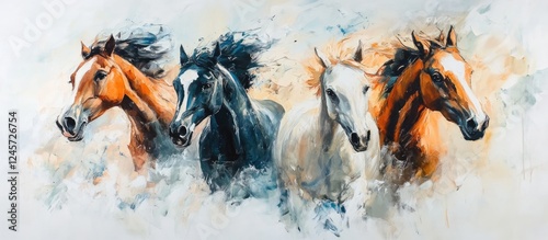 Dynamic artwork featuring four galloping horses in shades of brown, black, white, and orange with abstract splashes of color conveying movement and energy photo