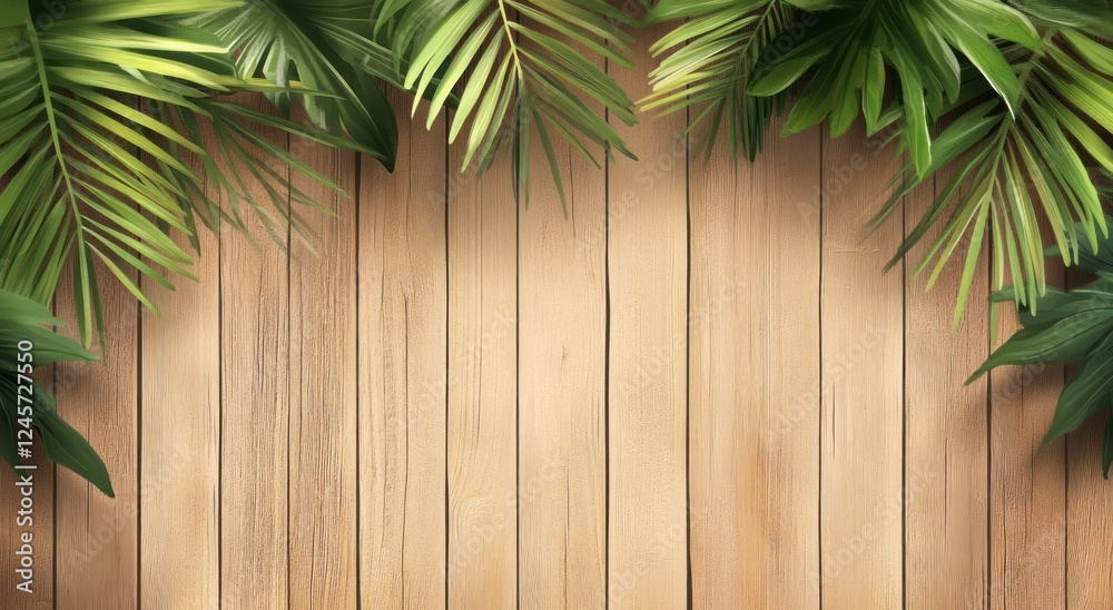 Vector image of a brown wooden background with palm leaves at the top. Vector image of a brown wooden background with palm leaves at the top.