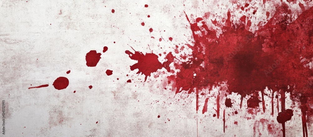 Red splatter texture on a white background creating a grunge style panel with horizontal layout for dramatic visual impact and depth.