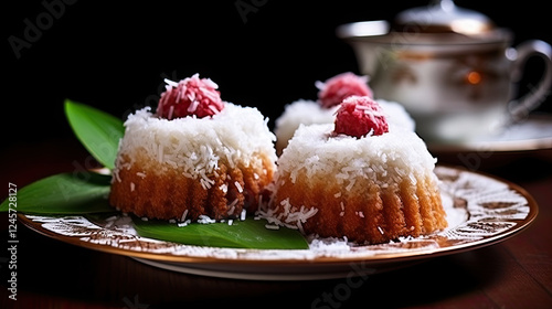 Delectable Coconut Raspberry Cakes on Elegant Gold Plate photo