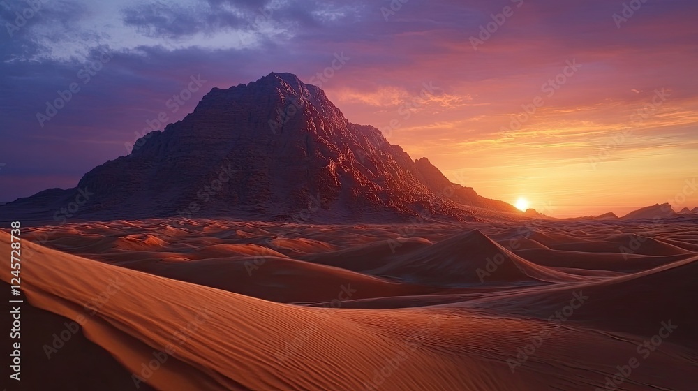 Naklejka premium A serene desert landscape at dusk, featuring a prominent sand dune in the foreground with gently rippled textures.