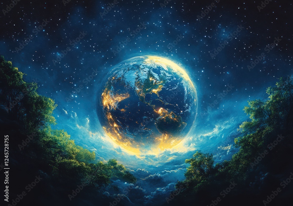 Fototapeta premium Surreal Representation of Planet Earth in Space with Vibrant Colors and Ethereal Lighting