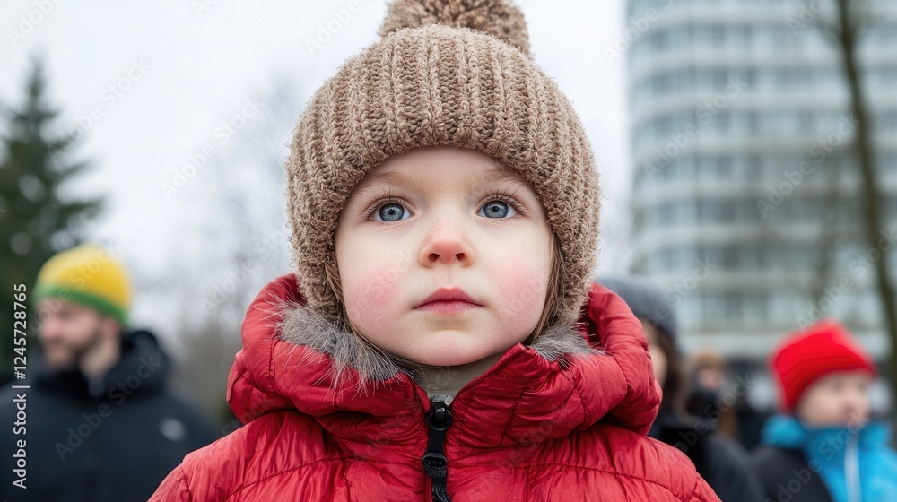 Toddler girl winter city park pensive look Toddler girl winter city park pensive look