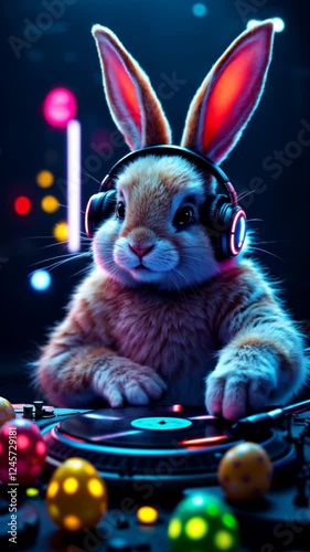 DJ Easter Bunny Spinning Vinyl in a Neon-Lit Club