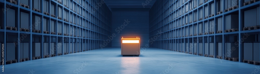 Obraz premium Glowing cube in archive corridor.