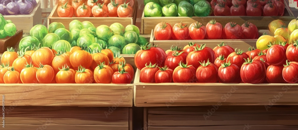 Fresh ripe tomatoes in wooden crates at a vibrant market, with red tomatoes prominently in the foreground and green apples creating a colorful backdrop. Fresh ripe tomatoes in wooden crates at a vibrant market, with red tomatoes prominently in the foreground and green apples creating a colorful backdrop.