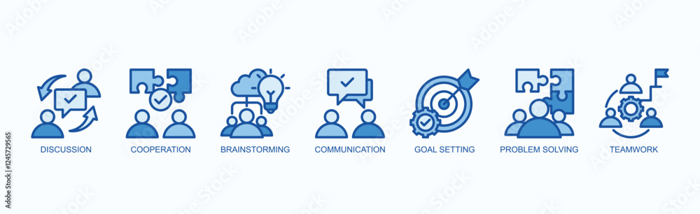 Collaborate And Conquer Icon Set Isolated Vector Illustration Concept With Icon Of Discussion, Cooperation, Brainstorming, Effective Communication, Goal Setting, Problem Solving, Teamwork Collaborate And Conquer Icon Set Isolated Vector Illustration Concept With Icon Of Discussion, Cooperation, Brainstorming, Effective Communication, Goal Setting, Problem Solving, Teamwork